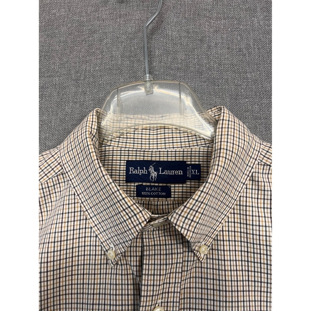 Ralph Lauren Blake Shirt Mens XL Tan Blue Tattersall Check Cotton Button Down